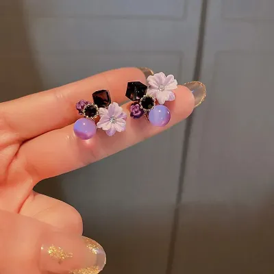 Purple Flower Crystal Stone Earrings 